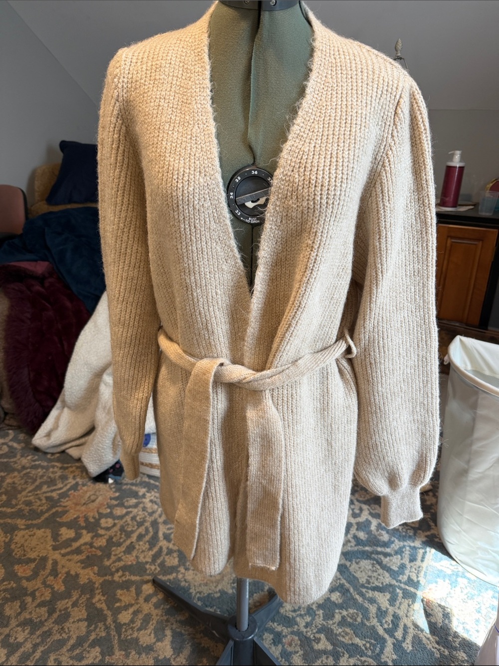 Topshop Cream Open-Front Belted Knit Cardigan